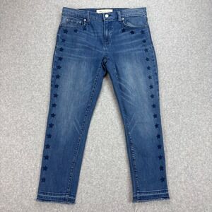Gap Best Girlfriend Jeans Womens 29R Blue Star Print Raw Hem Mid Rise Stretch